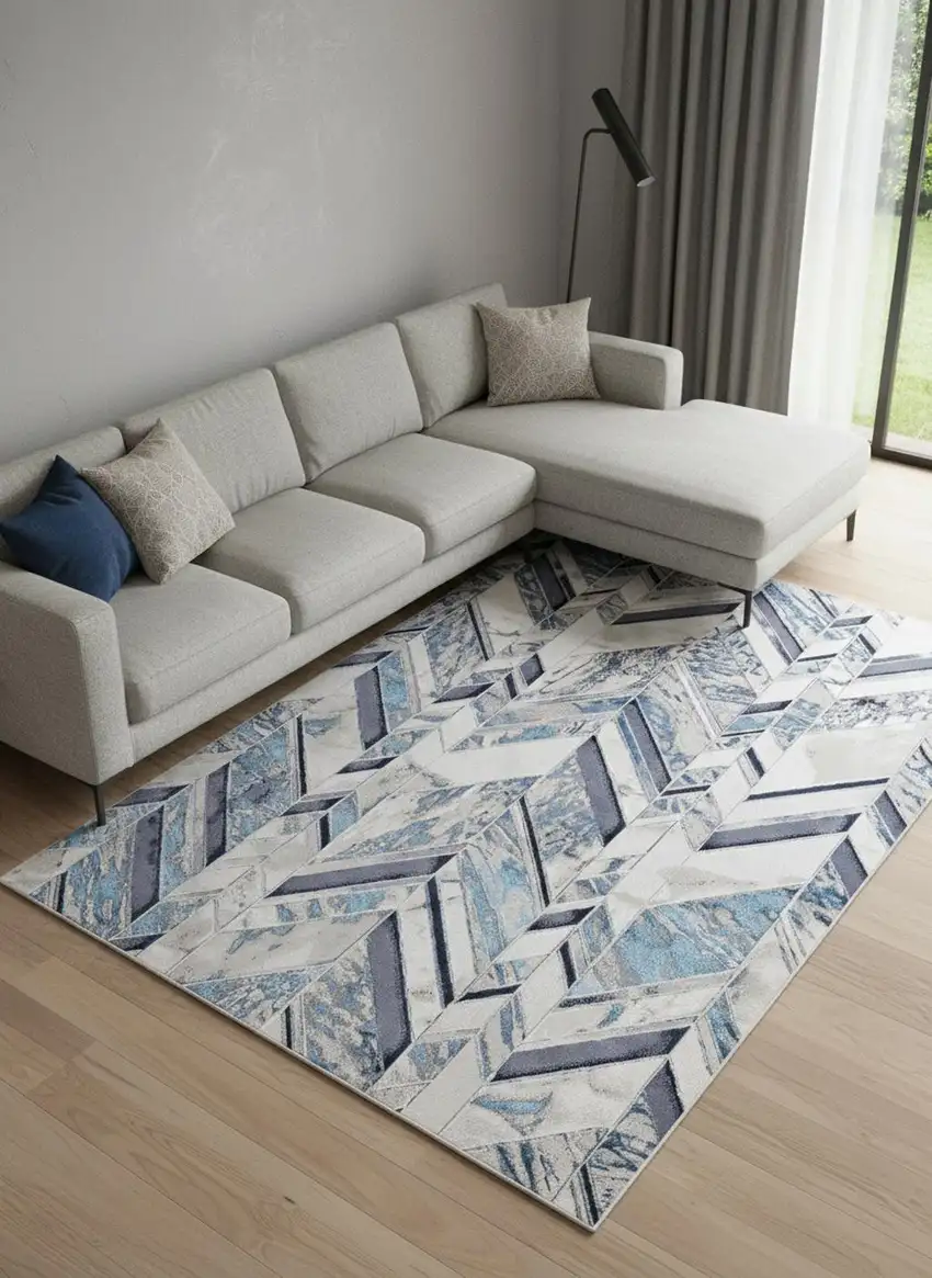 Ivory Blue And Gray Chevron Power Loom Distressed Area Rug Photo 1