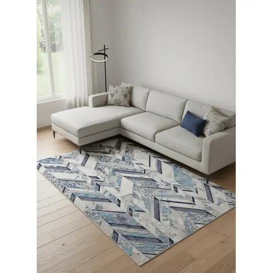 Ivory Blue And Gray Chevron Power Loom Distressed Area Rug Photo 1