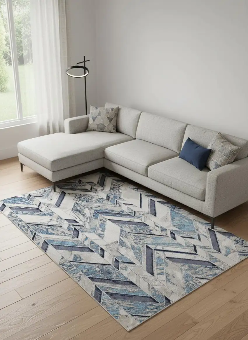 Ivory Blue And Gray Chevron Power Loom Distressed Area Rug Photo 1