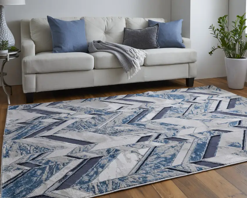 Ivory Blue And Gray Chevron Power Loom Distressed Area Rug Photo 9