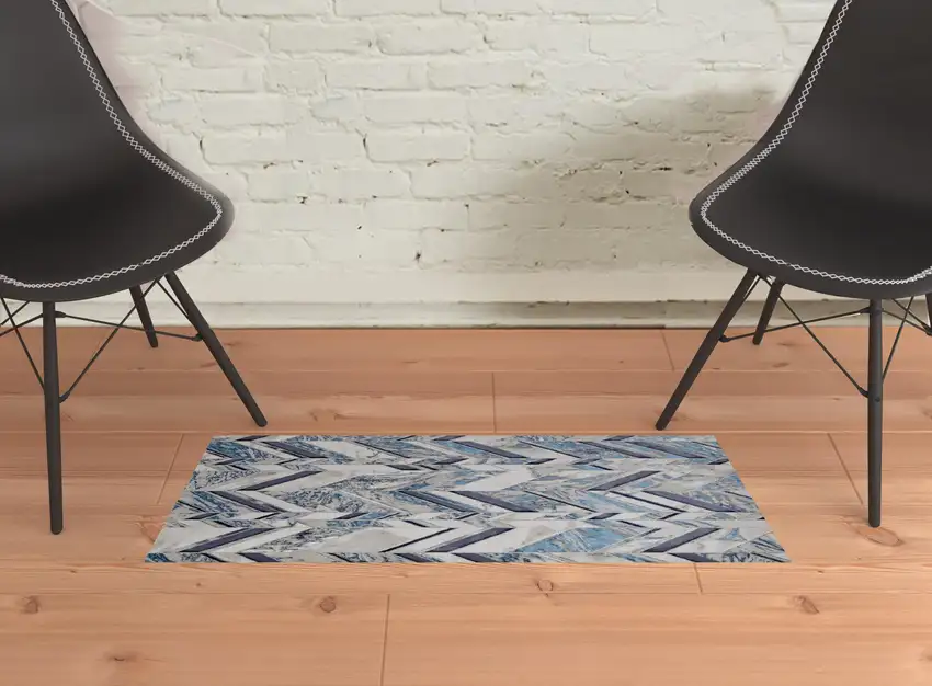 Ivory Blue And Gray Chevron Power Loom Distressed Area Rug Photo 2