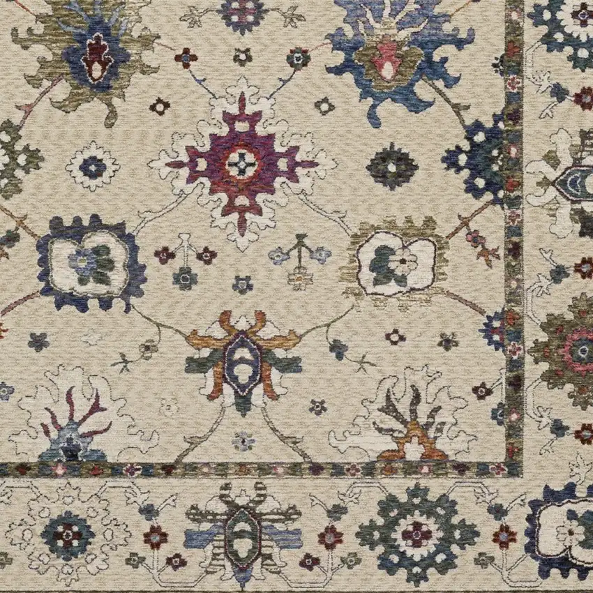 Ivory Blue And Gray Floral Area Rug With Fringe Photo 7