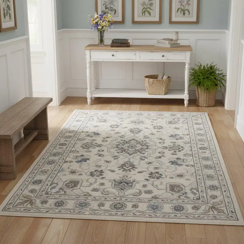 Ivory Blue And Gray Floral Area Rug Photo 1