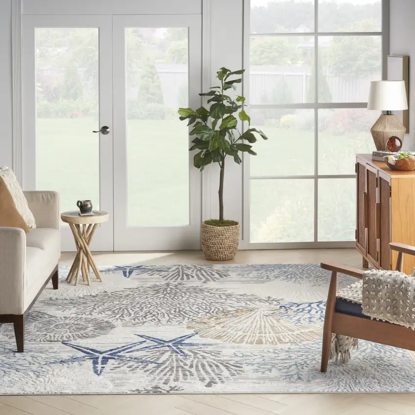 Ivory Blue And Gray Floral Non Skid Area Rug Photo 5