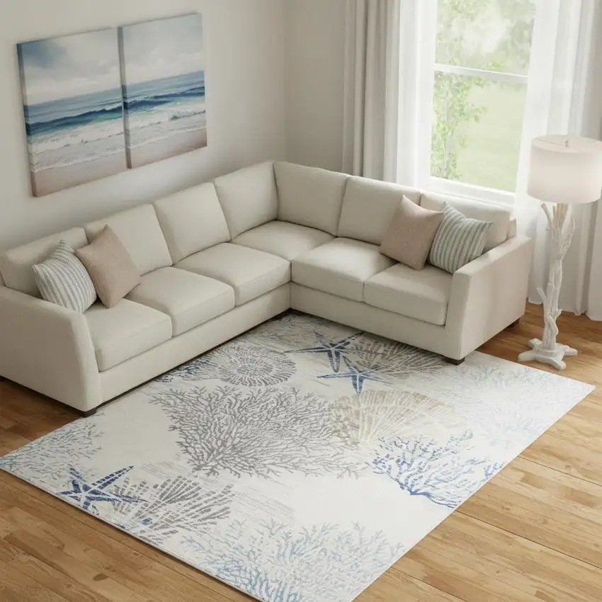 Ivory Blue And Gray Floral Non Skid Area Rug Photo 1