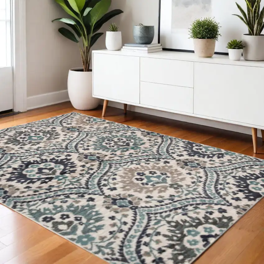 Ivory Blue And Gray Medallion Area Rug Photo 1