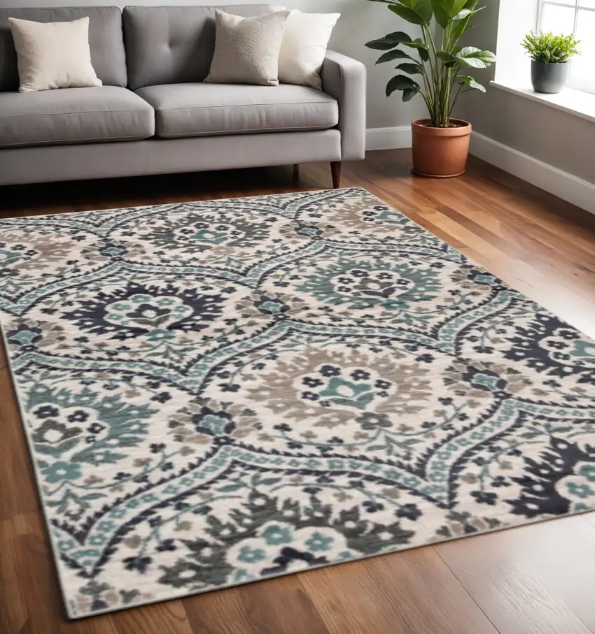 Ivory Blue And Gray Medallion Area Rug Photo 1