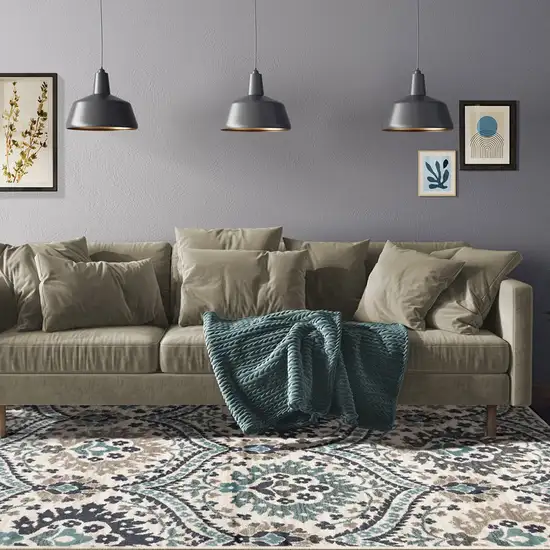 Ivory Blue And Gray Medallion Area Rug Photo 5