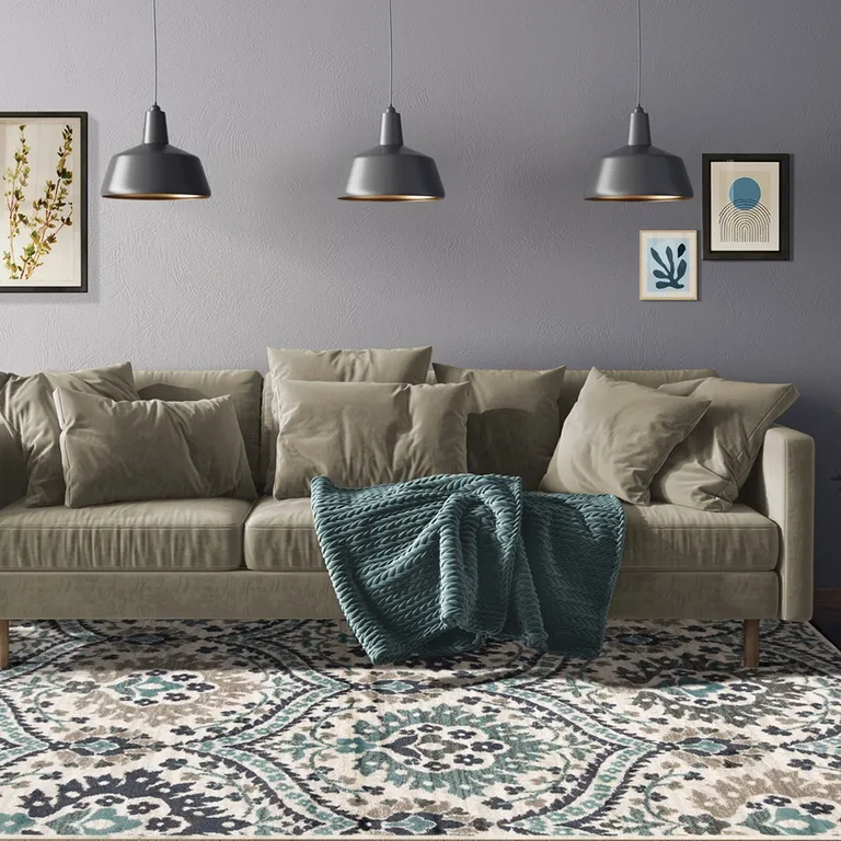 Ivory Blue And Gray Floral Stain Resistant Area Rug Photo 5