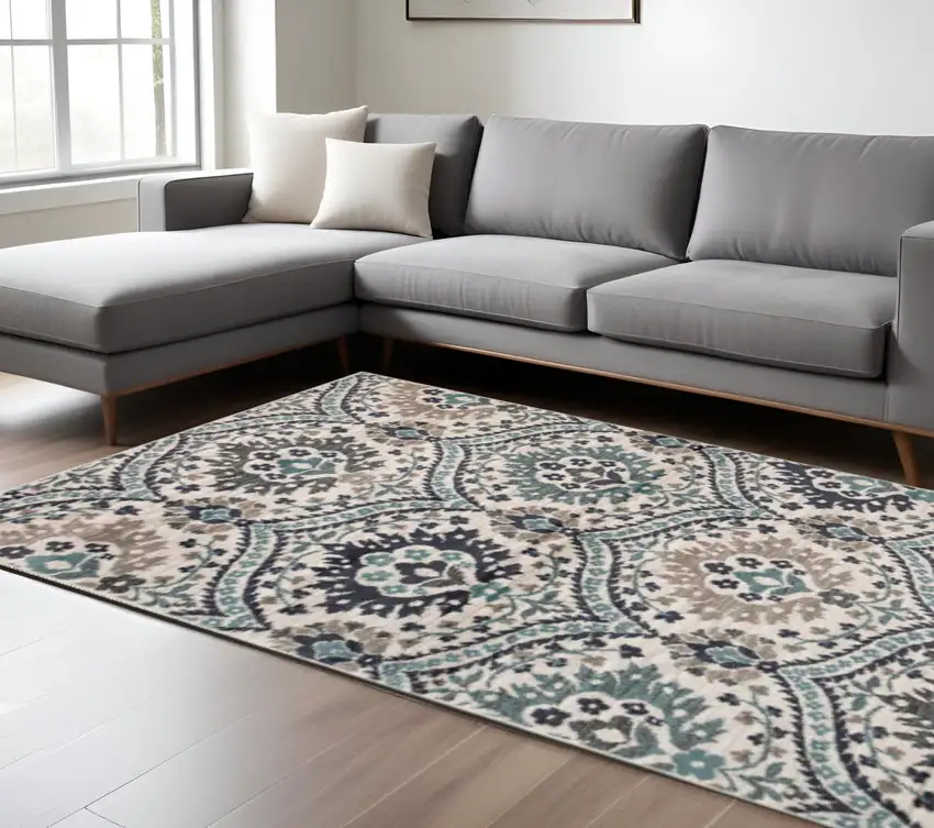 Ivory Blue And Gray Medallion Area Rug Photo 1