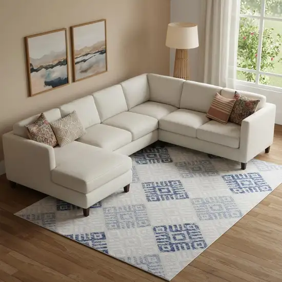 Ivory Blue And Gray Geometric Distressed Area Rug Photo 1