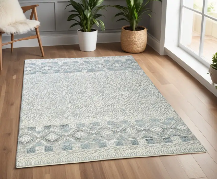 Ivory and Blue Geometric Hand Knotted Area Rug Photo 1
