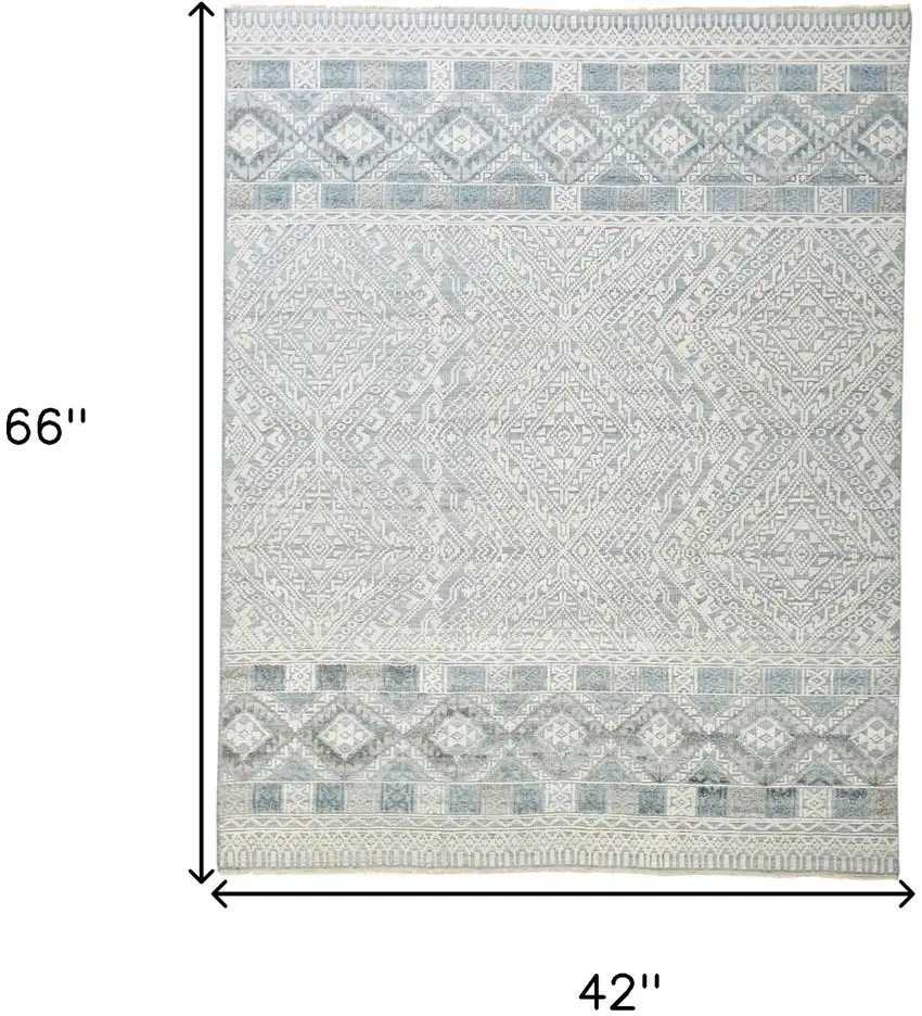 Ivory Blue And Gray Geometric Hand Knotted Area Rug Photo 8