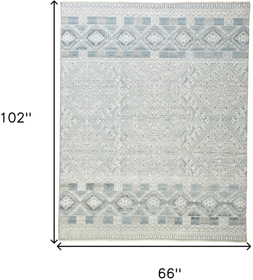 Ivory Blue And Gray Geometric Hand Knotted Area Rug Photo 8