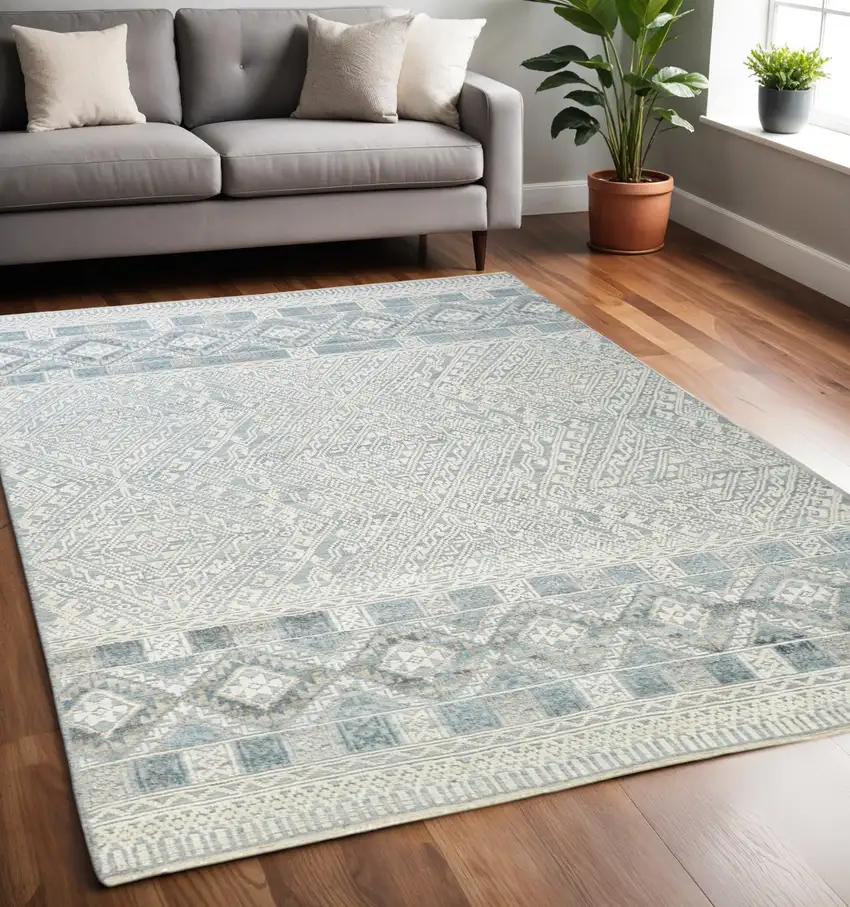 Ivory and Blue Geometric Hand Knotted Area Rug Photo 1