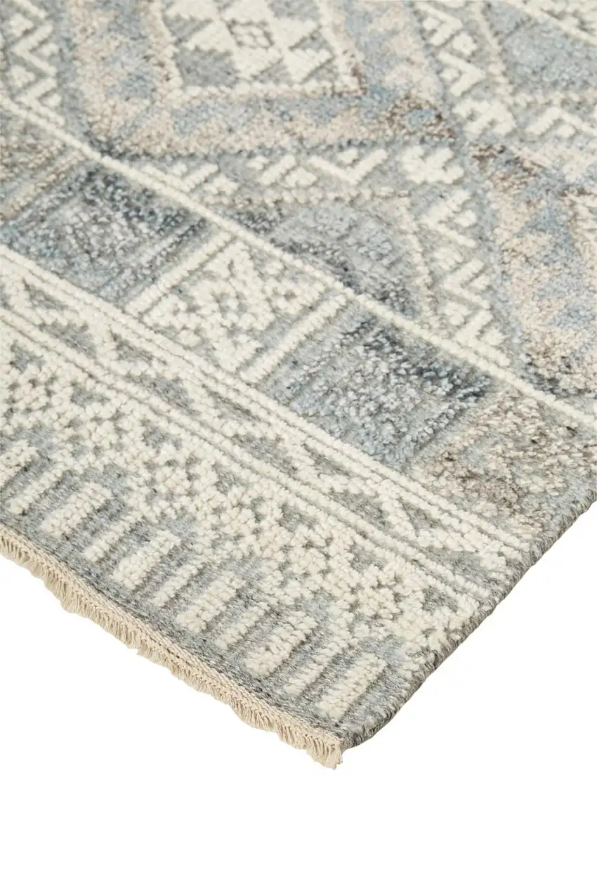 Ivory Blue And Gray Geometric Hand Knotted Area Rug Photo 6