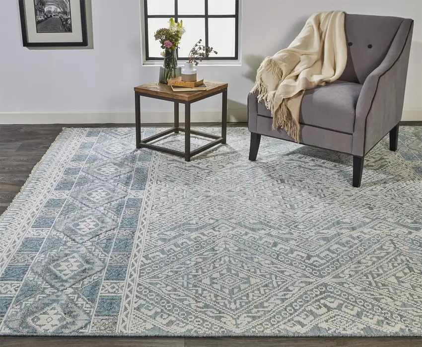 Ivory Blue And Gray Geometric Hand Knotted Area Rug Photo 7