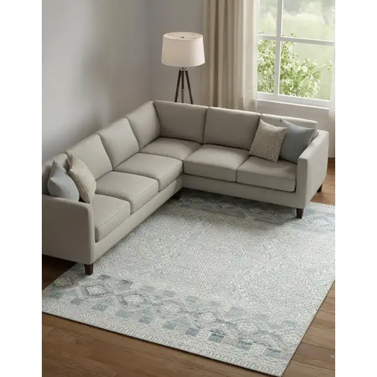Ivory Blue And Gray Geometric Hand Knotted Area Rug Photo 1