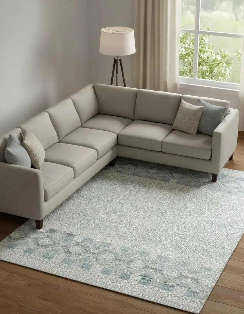 Ivory Blue And Gray Geometric Hand Knotted Area Rug Photo 1