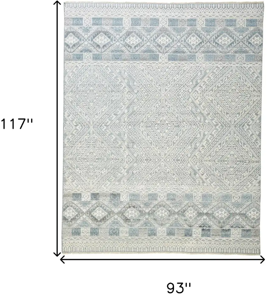 Ivory Blue And Gray Geometric Hand Knotted Area Rug Photo 8