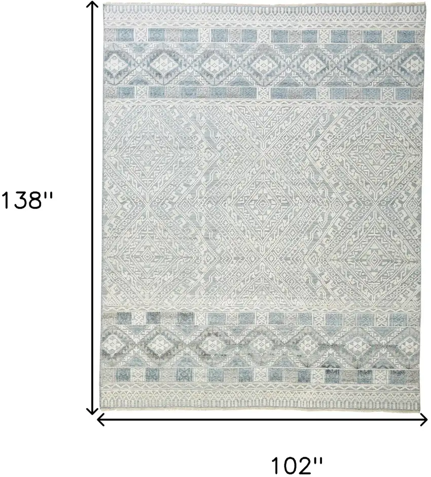 Ivory Blue And Gray Geometric Hand Knotted Area Rug Photo 8