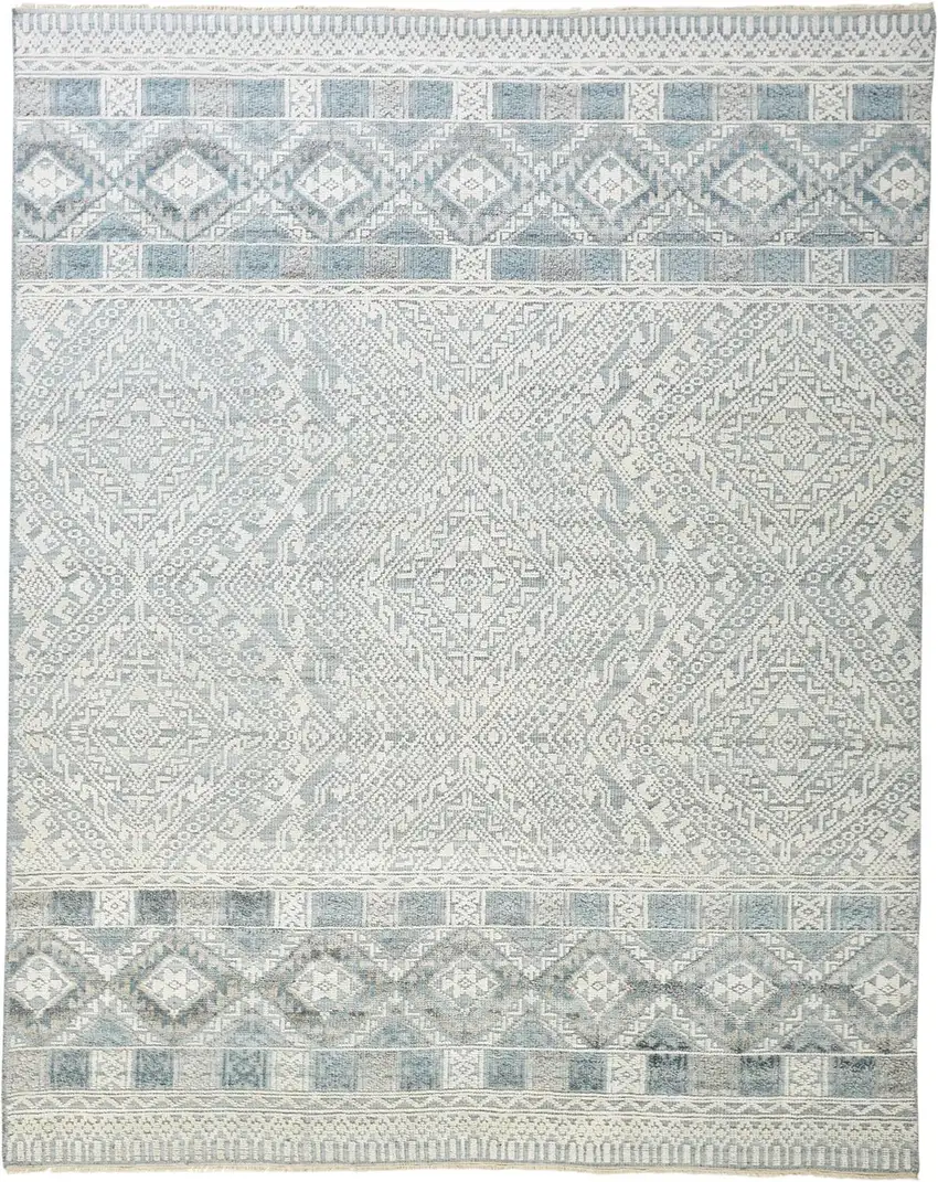 Ivory Blue And Gray Geometric Hand Knotted Area Rug Photo 1