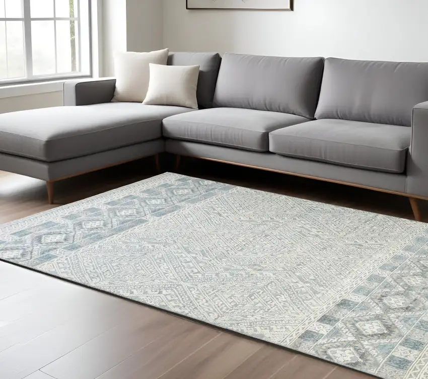 Ivory and Blue Geometric Hand Knotted Area Rug Photo 1