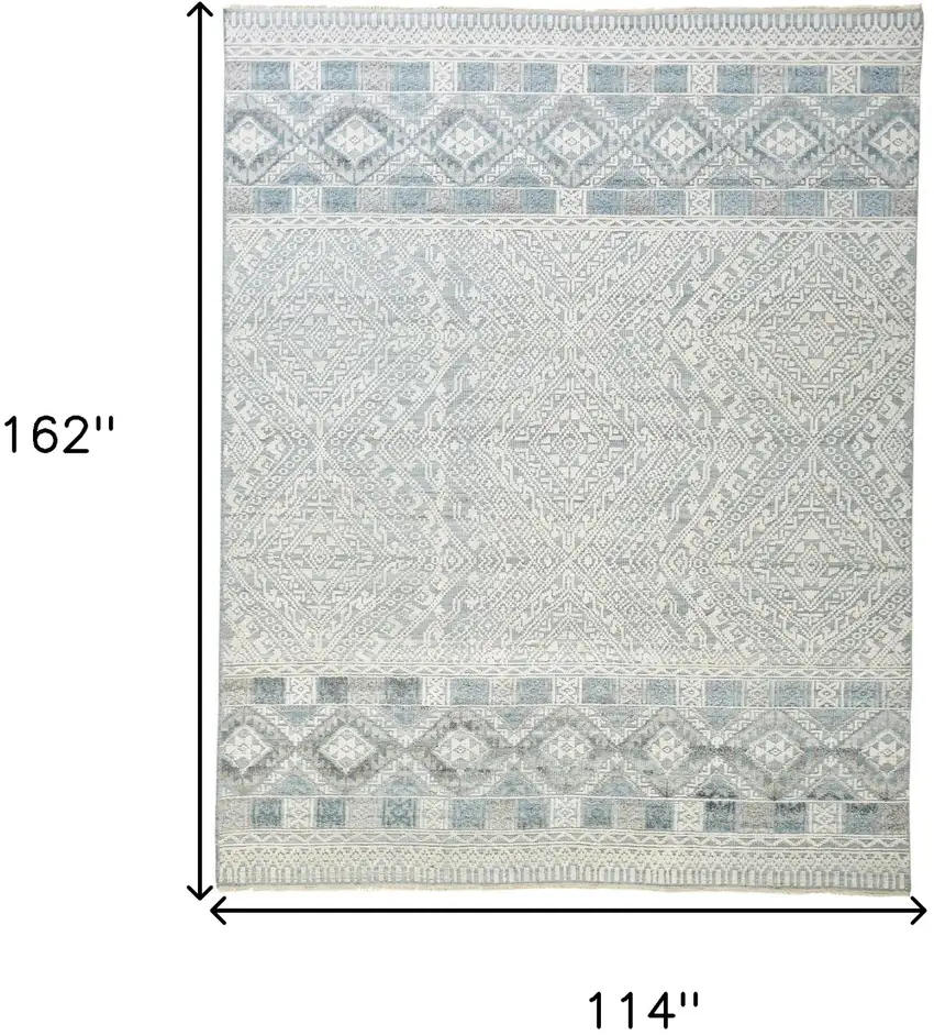 Ivory Blue And Gray Geometric Hand Knotted Area Rug Photo 8