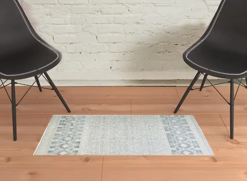 Ivory Blue And Gray Geometric Hand Knotted Area Rug Photo 4