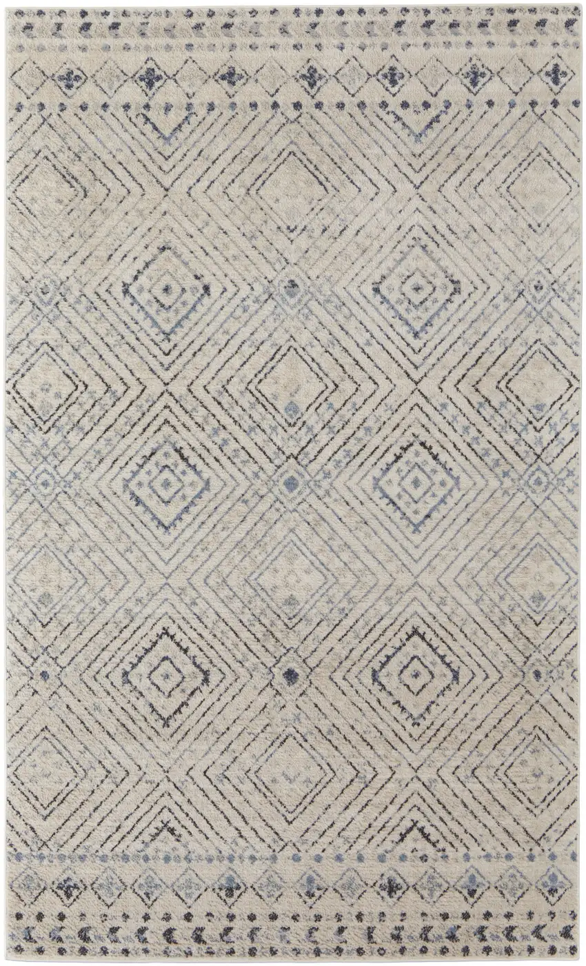 Ivory Blue And Gray Geometric Power Loom Distressed Area Rug Photo 1
