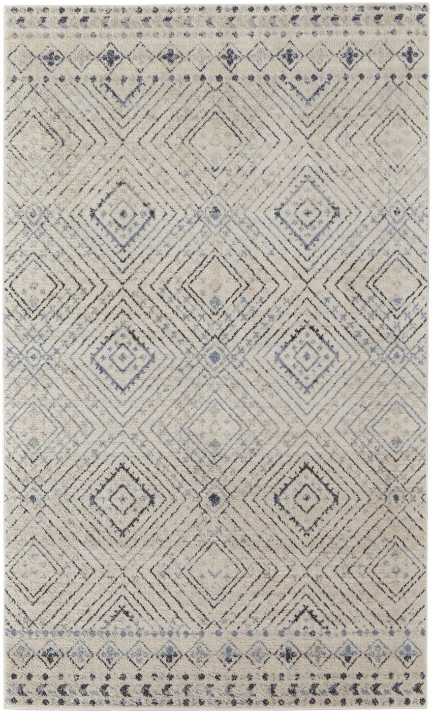 Ivory Blue And Gray Geometric Power Loom Distressed Area Rug Photo 1