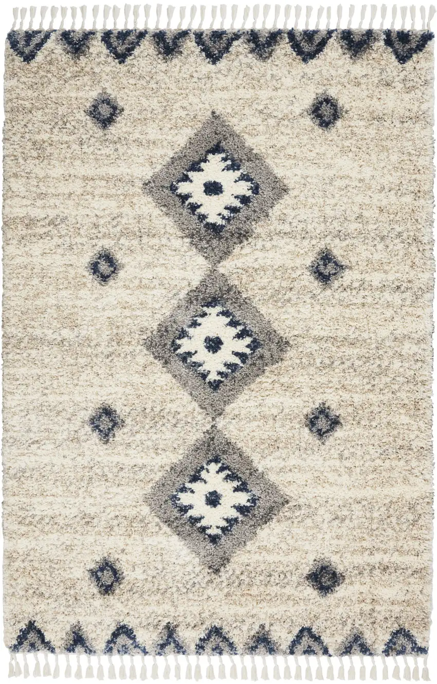 Ivory Blue And Gray Geometric Shag Non Skid Area Rug With Fringe Photo 2