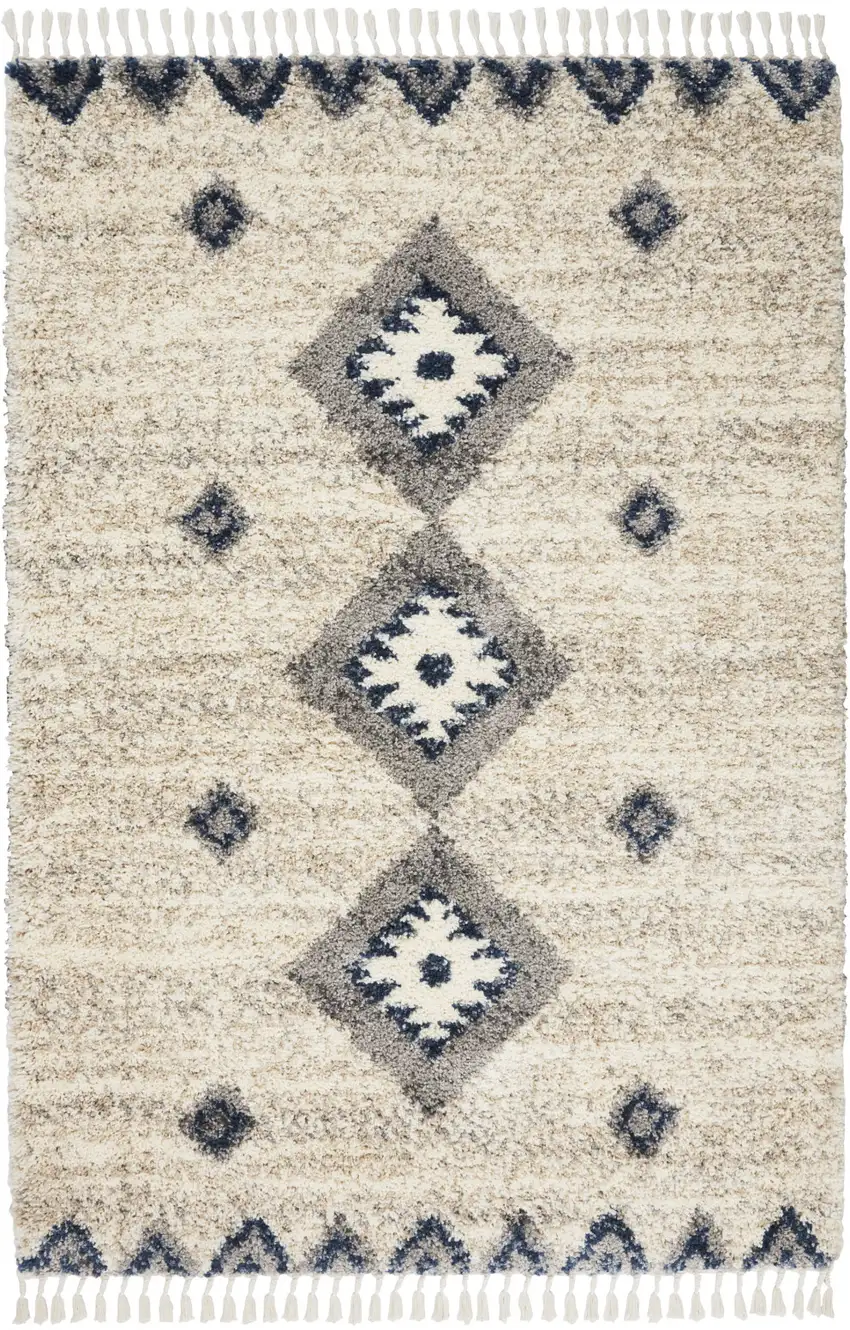 Ivory Blue And Gray Geometric Shag Non Skid Area Rug With Fringe Photo 3