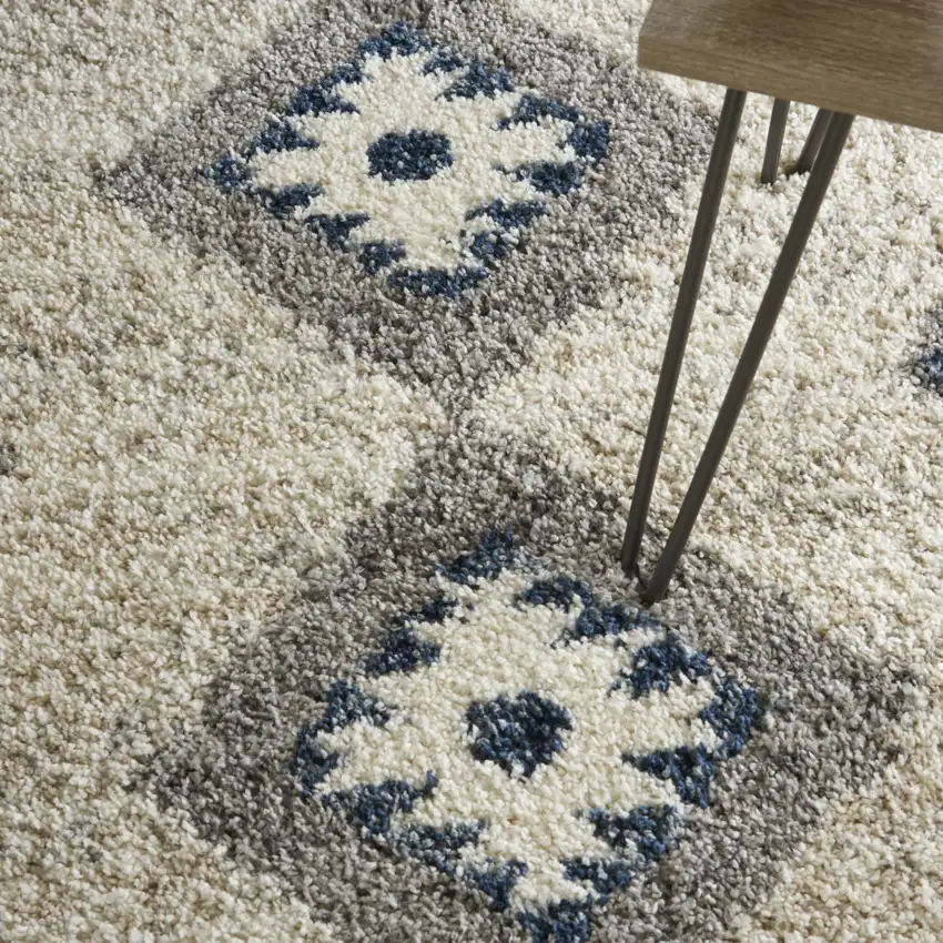 Ivory Blue And Gray Geometric Shag Non Skid Area Rug With Fringe Photo 9
