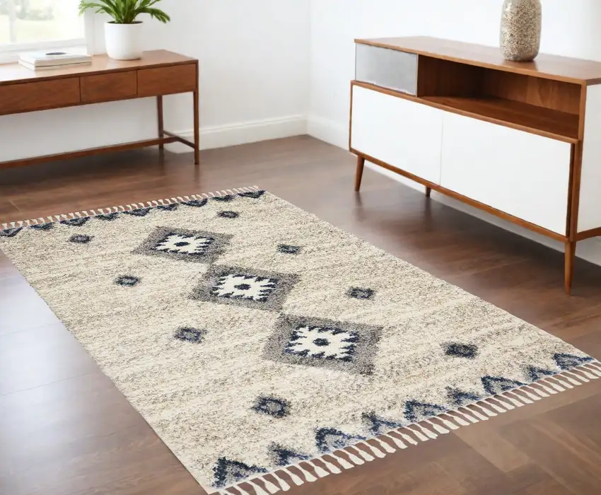 Ivory Blue And Gray Geometric Shag Non Skid Area Rug With Fringe Photo 1