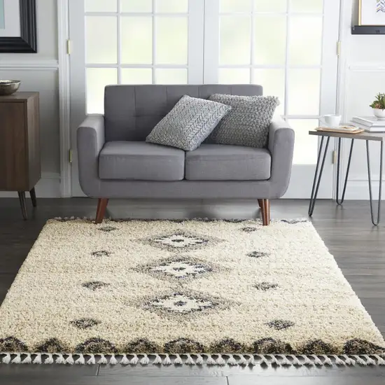 Ivory Blue And Gray Geometric Shag Non Skid Area Rug With Fringe Photo 4
