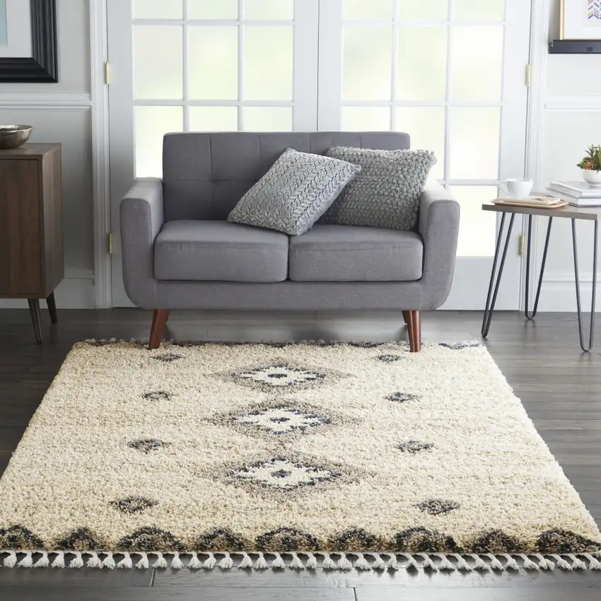 Ivory Blue And Gray Geometric Shag Non Skid Area Rug With Fringe Photo 4