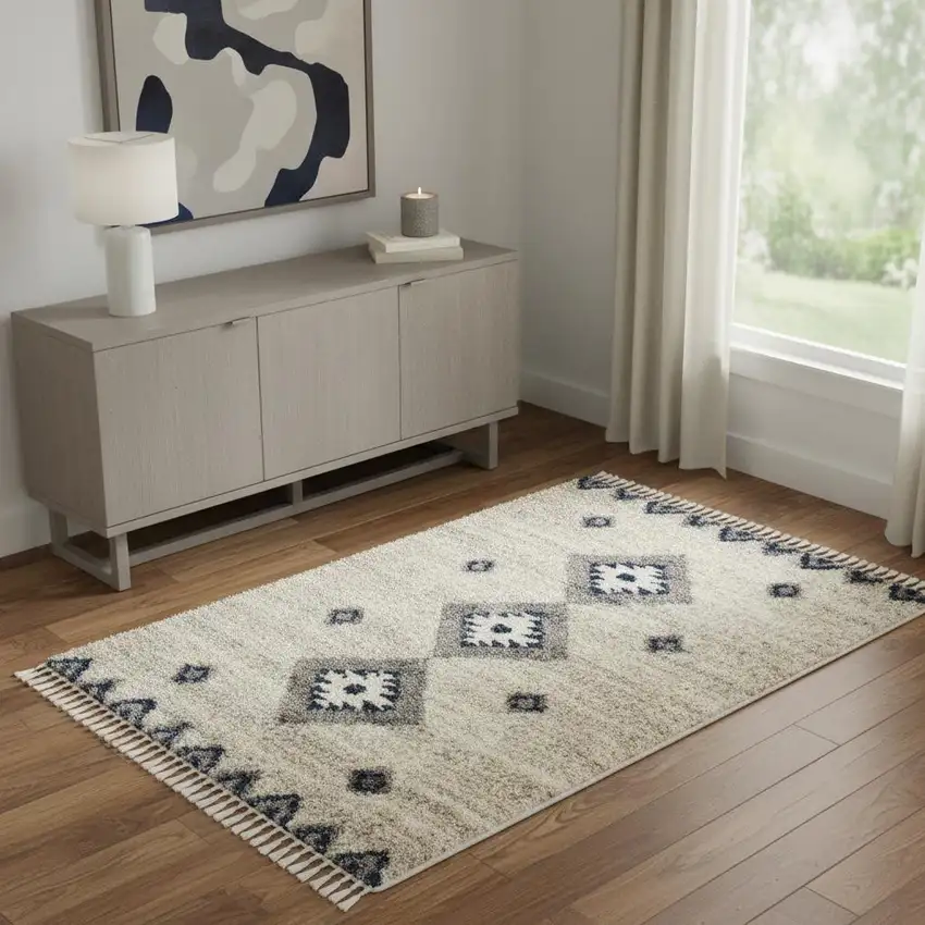 Ivory Blue And Gray Geometric Shag Non Skid Area Rug With Fringe Photo 1