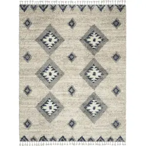 Photo of Ivory Blue And Gray Geometric Shag Non Skid Area Rug