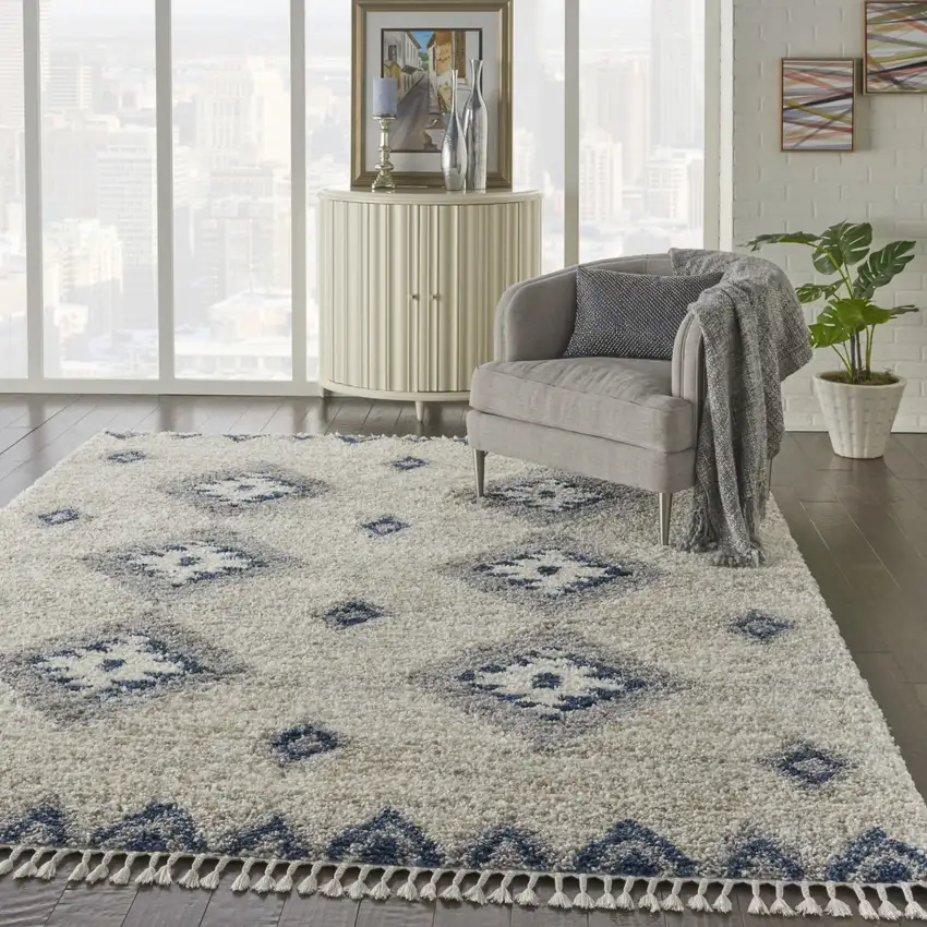 Ivory Blue And Gray Geometric Shag Non Skid Area Rug Photo 6