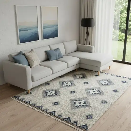 Ivory Blue And Gray Geometric Shag Non Skid Area Rug Photo 1
