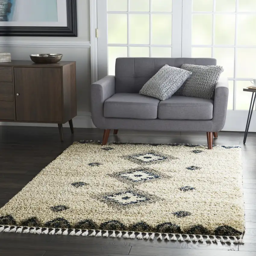 Ivory Blue And Gray Medallion Shag Non Skid Area Rug Photo 4