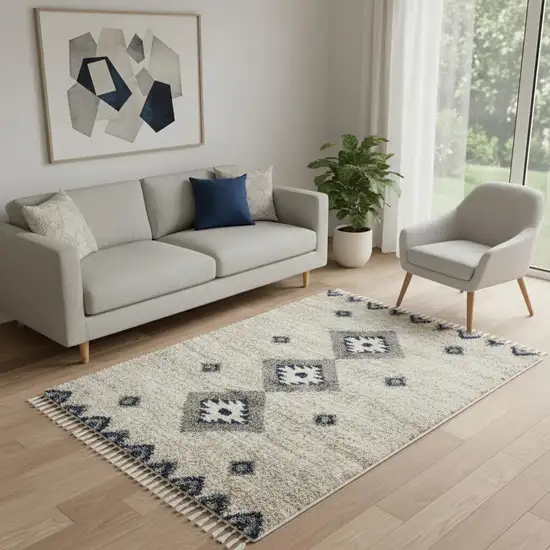 Ivory Blue And Gray Medallion Shag Non Skid Area Rug Photo 1