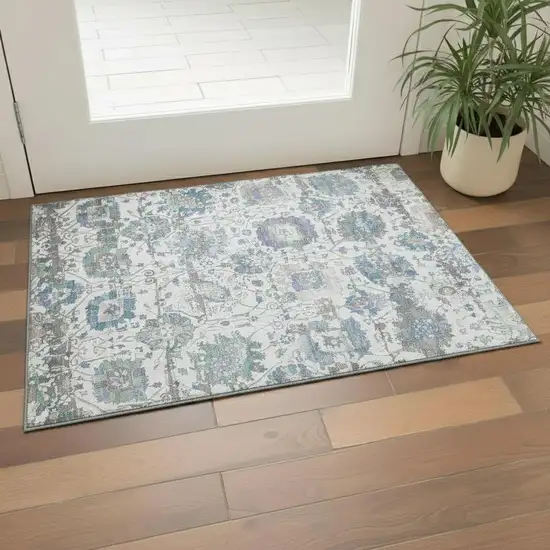 Ivory Blue And Gray Oriental Washable Area Rug With UV Protection Photo 2