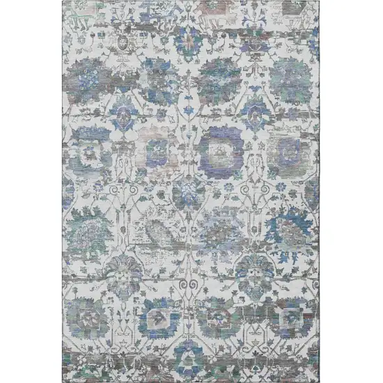 Ivory Blue And Gray Oriental Washable Area Rug With UV Protection Photo 3