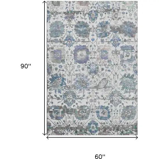 Ivory Blue And Gray Oriental Washable Area Rug With UV Protection Photo 9