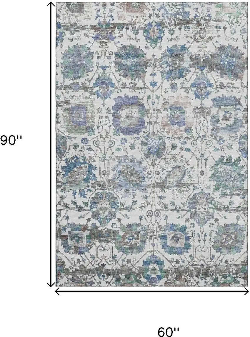 Ivory Blue And Gray Oriental Washable Area Rug With UV Protection Photo 9