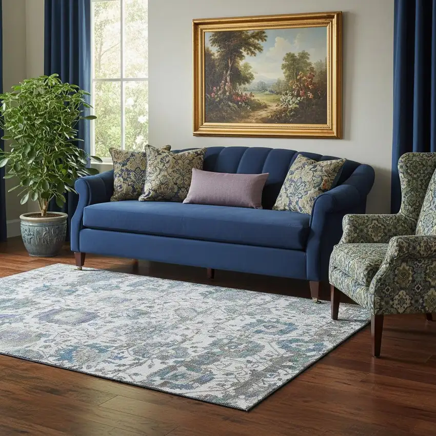 Ivory Blue And Gray Oriental Washable Area Rug With UV Protection Photo 2