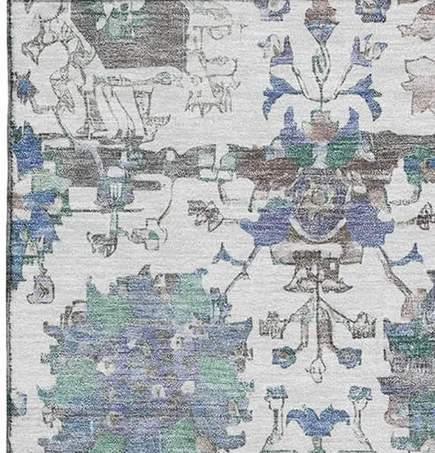 Ivory Blue And Gray Oriental Washable Area Rug With UV Protection Photo 3