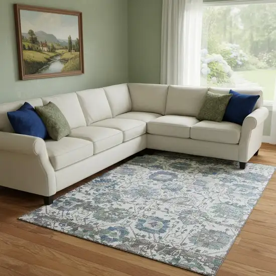 Ivory Blue And Gray Oriental Washable Area Rug With UV Protection Photo 2